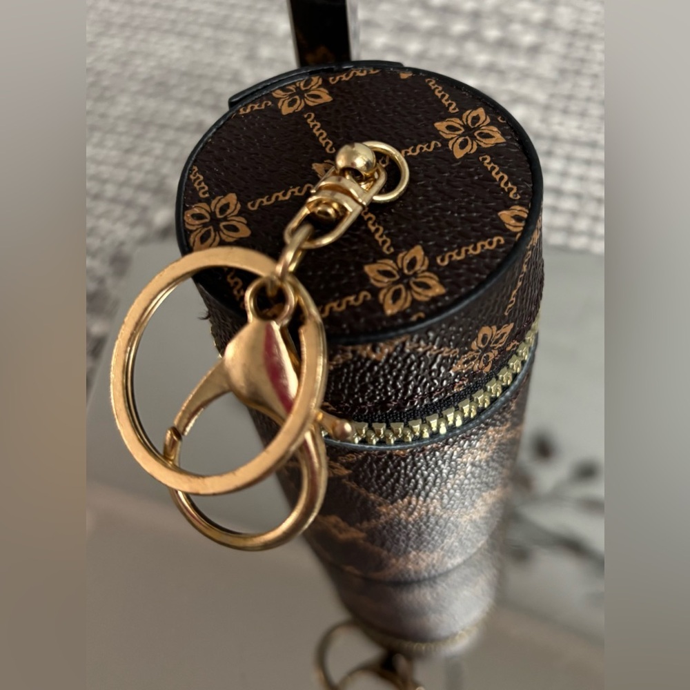 Designer Inspired Brown & Tan Floral Keychain Pouch [Bag Charm] - NEW - Picture 2 of 3